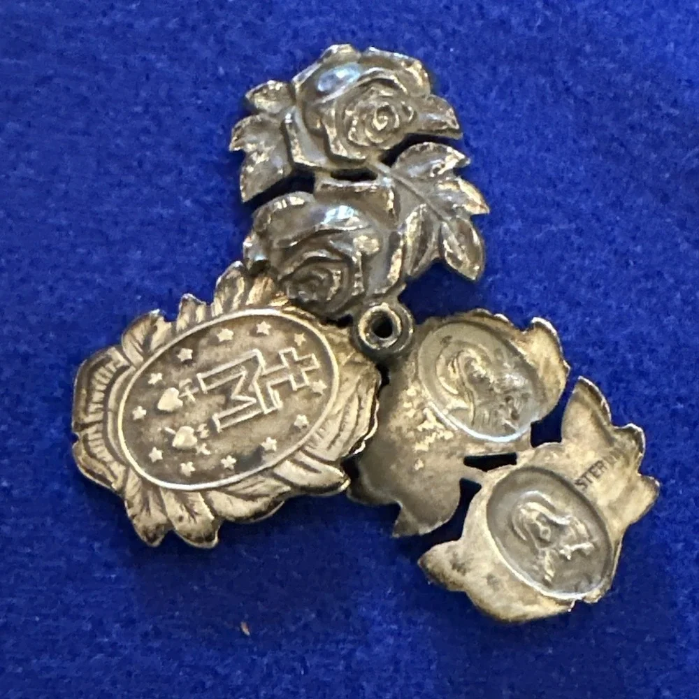 RARE 925 Sterling Antique Rose St. Mary & St. Christopher Oxidized Slide Pendant